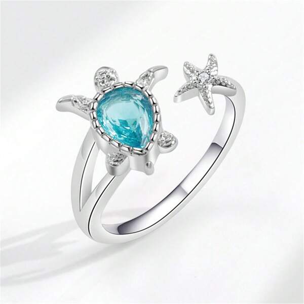 1 pieza Nuevo anillo abierto y ajustable de moda elegante de la serie oceánica de tortuga marina para mujeres, ideal para vacaciones de verano en la playa