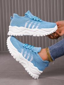 Giày thể thao thời trang nữ, giày thể thao buộc dây đơn giản, nhẹ, thoải mái, chống trượt, đế xuồng đa năng, giày thể thao đế dày - Xanh đậm - Xem 11