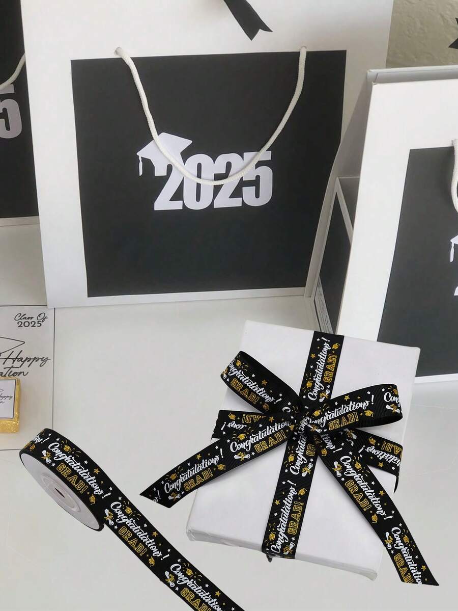 2.2CM/1CM Wide 5Yards Graduation Ribbon, Black/White Ribbon Congratulations Graduation Ribbon ,Gift Wrapping Flower Packaging-Packaging Decoration - Multicolor - View 1