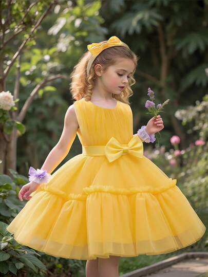 1pc Girl's Solid Color Bow Decor Tulle Puff Skirt Dress With Headband, Cute & Elegant