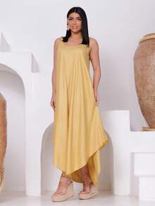 Plain  Trapeze Dress - 芥末黃 - 查看 4