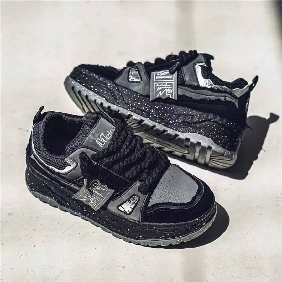 Fashionable Couple Style Retro Skateboard Sneakers - Black Gray, Rubber Thick Sole, Shock-Absorbing Casual Sneakers Suitable For All Seasons, Low Cut Lace Up Design, All Season Shoes | Street Style | Cushioned And Comfortable Couple Style Versatile Sporty - Màu xám đậm - Xem 1