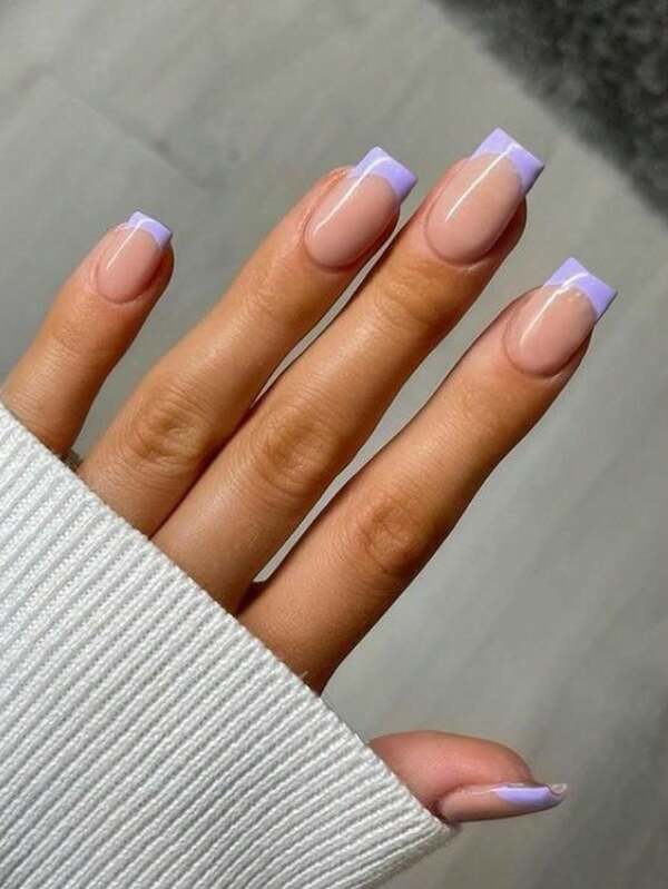 24 Short Square Pressed Fake Nail Patches, Fresh Light Purple Contrasting Cool Japanese And Korean Style Female Nail Patches, Fashionable Fingertips, Equipped With 1 Jelly Glue And 1 Friction Strip, Suitable For Women's Gatherings, Dances, Daily Casual Wear, Detachable And Reusable