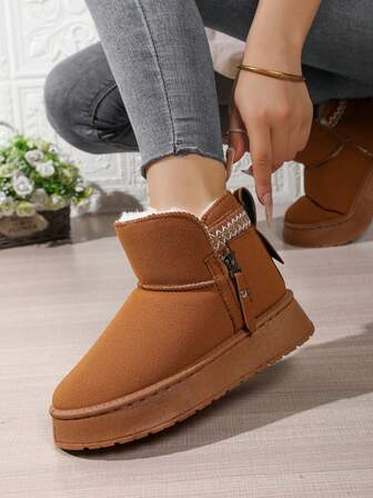 Women's New Retro British Style Mid-Calf Snow Boots With Zipper & Embroidery Decor, Fashion Versatile, Anti-Slip Warm Comfortable, Suitable For Casual Daily Wear, Winter Essential