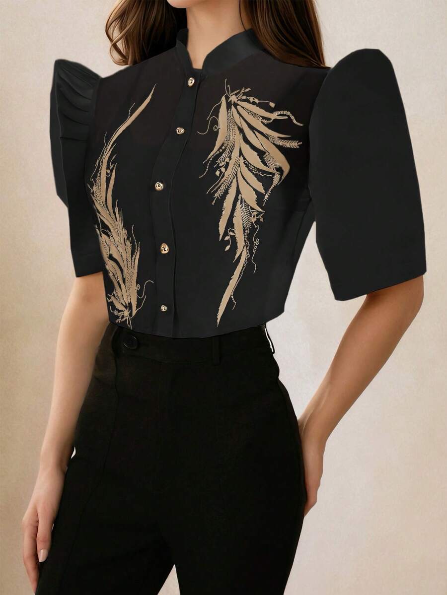 Amyenjoylife 现代菲律宾风情衬衫，蝴蝶袖立领印花泡泡袖，春夏款 - 黑色 - 查看 1