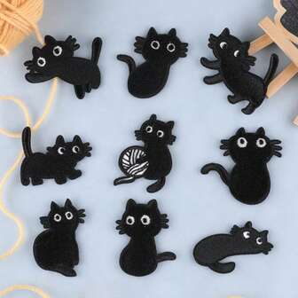 9 st. broderade lappar med svart katt, kläder, väska, sko, heminredning, gör-det-själv dekorativa strykapplikationer