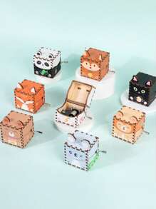 1 Set Caja de música de madera con motivos animales, adorno de escritorio para estudiantes, caja de música manual DIY, regalo de cumpleaños para niños de 1 a 3 años