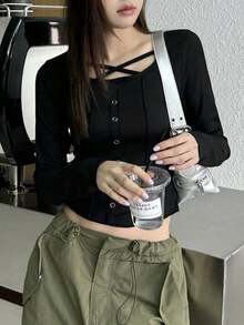 Women's Minimalist Solid Color Long Sleeve Shirt With Button Decor - Black - View 7