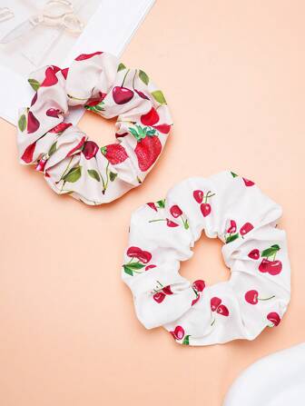 2 pièces Chouchous à motif cerise et fraise en tissu mode pour filles, convient pour une utilisation quotidienne