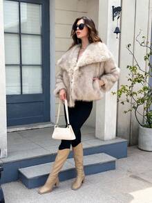 Seelio 秋冬新款厚人造毛领人造毛衬里中长款大衣，青春优雅 - 米灰 - 查看 7