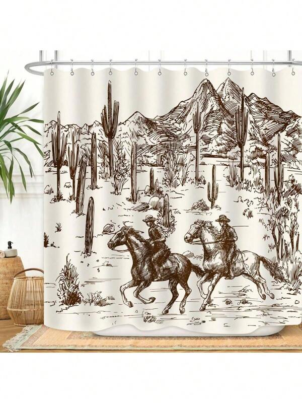 1 Stück Western Cowboy Duschvorhang, beständiger Polyesterstoff, wasserdicht, Geschenk, Badezimmer Duschvorhang-Set mit 12 Haken, Kaktus Landhausstil, Reiten, Raumdekoration, Badezimmerdekoration, Heimdekoration, Badaccessoires, lichtdurchlässig, Schulanfang