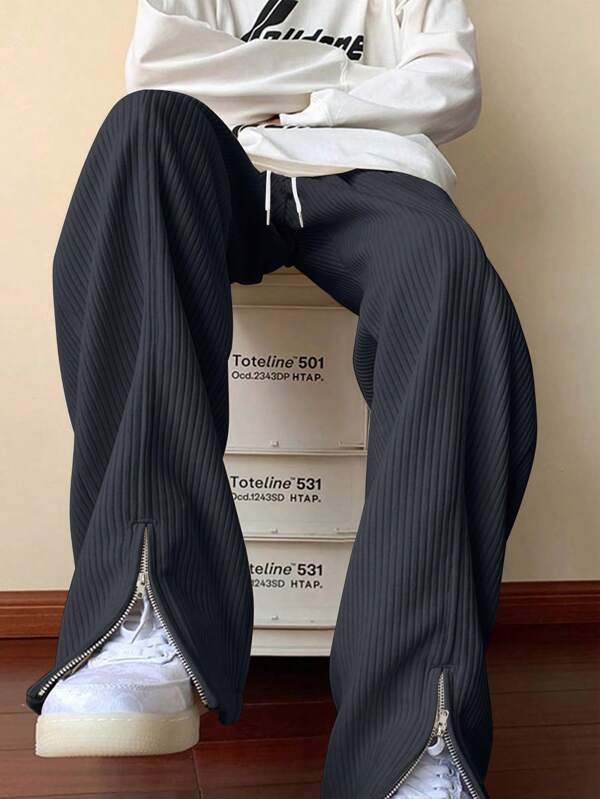 Men's Fashion Solid Color Casual Loose Fitting Zipper Split Wide Leg Corduroy Pants, Summer & Versatile