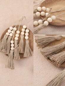 6 Pieces Of Handmade Hemp Rope Wooden Beads String Hemp Rope With Tassel Wall Hanging Decorative Wood Beads,Premium Natural Solid Wood Bead Wall Hanging - Rustic Retro Style Tassel Decor Smooth Surface Handmade Wood Beads Pendant Easy To Hang For Coffee Table Bookshelf Fireplace Wardrobe Door Handle Home Outdoor Decor - Multicolor - View 9