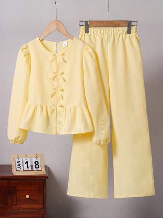 Left Mama Girls Sweet Adorable Striped Bow Long Sleeve Top And Straight Pants 2pcs/Set, Spring/Autumn