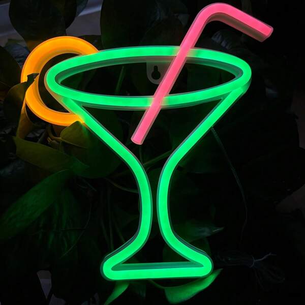 1 Stück Neon Cocktailglas dekoratives Licht, batterie- oder USB-betrieben, 23 x 21,5 cm, LED Dekoleuchte für Schlafzimmer, Wohnzimmer, Bar, Camping, Heiratsantrag, Geburtstag, Weihnachten, Muttertag, Halloween, Valentinstag & andere Anlässe
