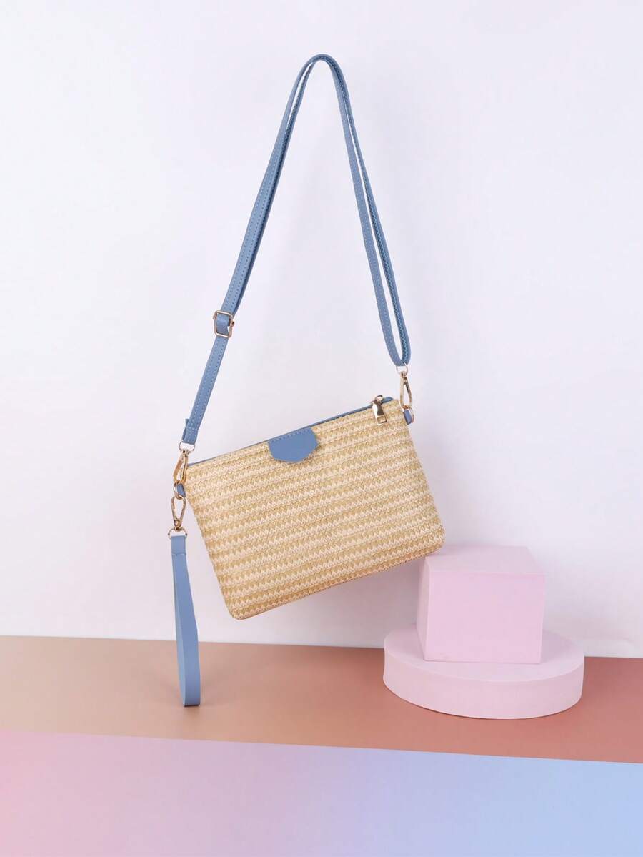 新款夏季草编单肩斜挎包套装零钱包大容量手机包手提包手拿包拼色度假休闲手提包