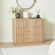 Fluted 6 Drawer Double Dresser For Bedroom, 47" Wide Modern Closet Dressers Chest Of Drawers, Wood Storage Dresser Organizer For Nursery Bedroom Living Room Hallway Closet, Walnut - 31.5吋寬三抽屜梳妝台(原木色) - 查看 2