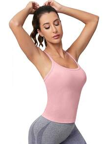Workout Tops Women With Built In Bra, Sleeveless Gym Tops Seamless Racerback Athletic Yoga Shirts, Activewear - 粉色 - 查看 9
