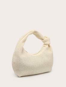 女士纯色新月形手提包，百搭时尚，配有打结单手柄，适合腋下携带和旅行。 - 米色 - 查看 3