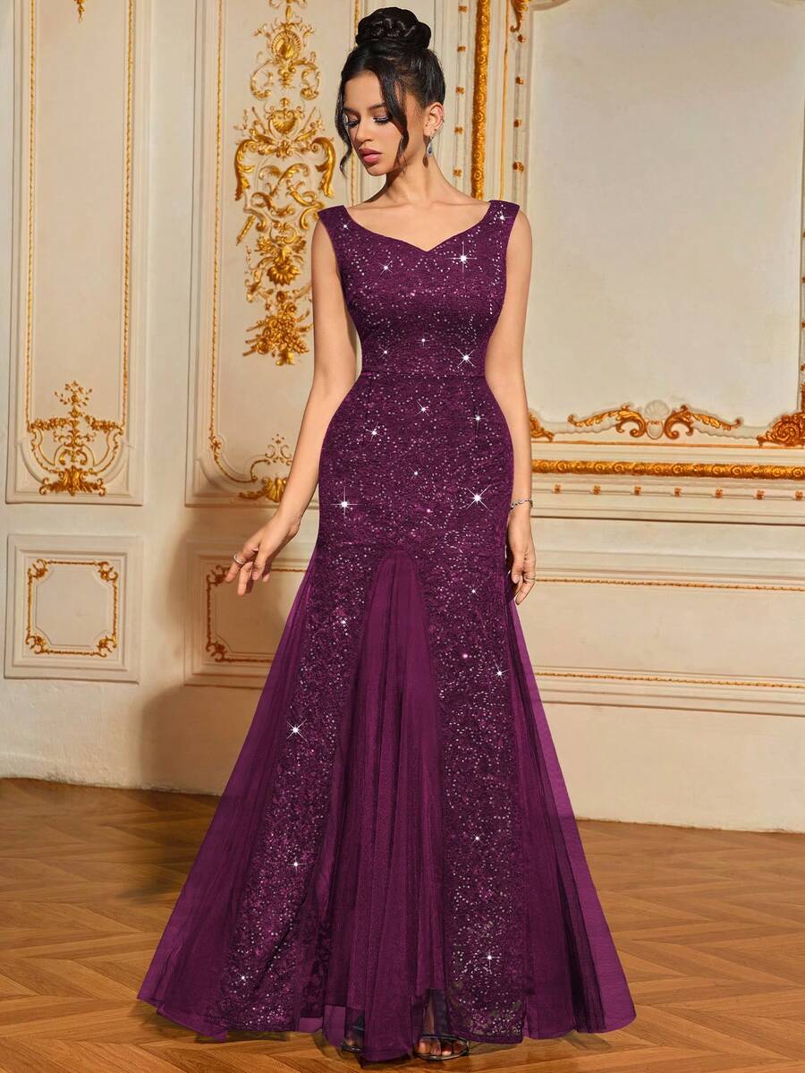 MIUSOL 心形领撞色亮片蕾丝网眼鱼尾下摆晚会修身长裙优雅正式婚礼宾客礼服，适合毕业典礼、晚宴