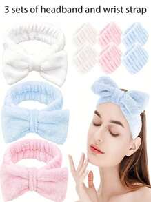 1pc Headband/2pcs Wristbands/3pcs Facial Cleansing Set: Polyester Bath Wristbands, Fluffy Solid Color Headband, Reusable Spa Headband & Wristbands, Fine Fiber Headband, Makeup Headband Wristbands, Elastic Wrist Wrap, Absorbent Sweatband, Face Towel. Suitable For Bathroom, Living Room, Vanity, Travel, Bedroom, Yoga, Workout, Bathing, Makeup, Skincare, Spa, Salon, Birthday, Face Mask, Exercise Face Clean,Facial Brush,Bag,Organizer,Storage