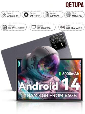 Qetupa Android 14 Tablet,10.1"MTK 6737 Quad-Core 1.3GHZ Processor,4GB RAM+64GB ROM,802.11ax WIFI6,BT 5.2,Incell HD(1280*800)IPS Touch Screen,5MP+8MP Dual Camera,6000mAh,Type C
