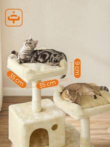 Arbre à Chat Hauteur 143 cm, Tour de Jeux pour Chat, avec 11 Poteaux à Griffer, 2 Plateformes, 1 Niche, 1 Hamac, 2 Pompons, en Tissu Peluche, Plusieurs Niveaux, Beige - Beige - Voir 3