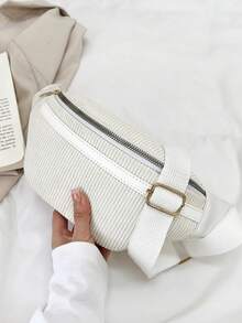 Women's Street Style Canvas Corduroy Casual Waist Bag, Spacious Crossbody Shoulder Bag - White - View 6
