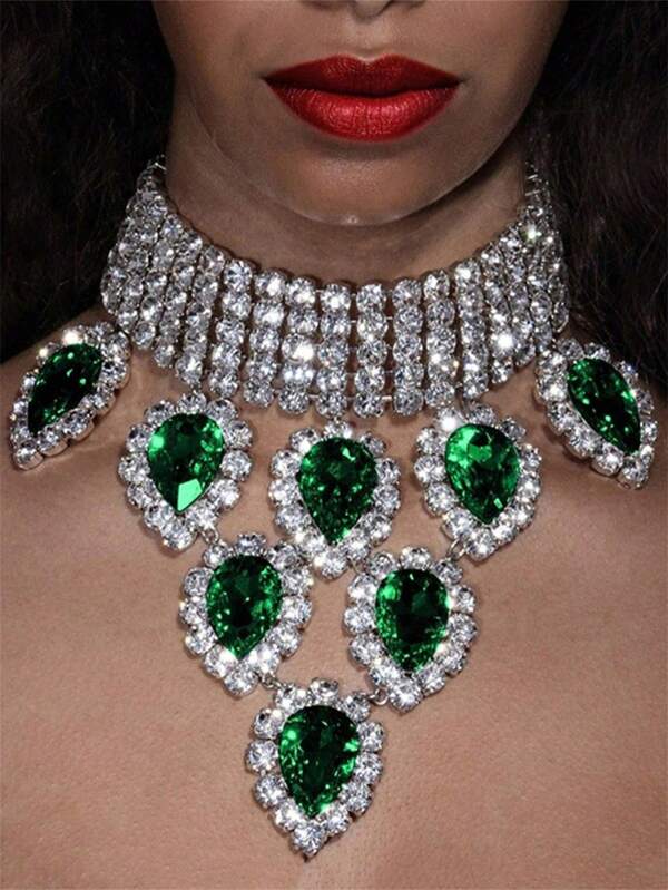 1pc Boho Teardrop Pendant Large Necklace, Shiny Jewelry Accessory For Women's Evening Gown, Fashion Necklace