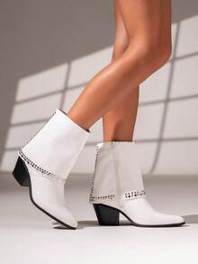 Women's Western-Style Ankle Boots With Metallic Studs – Pointed Toe And Block Heel Design For Bold Fall Looks - White - View 1