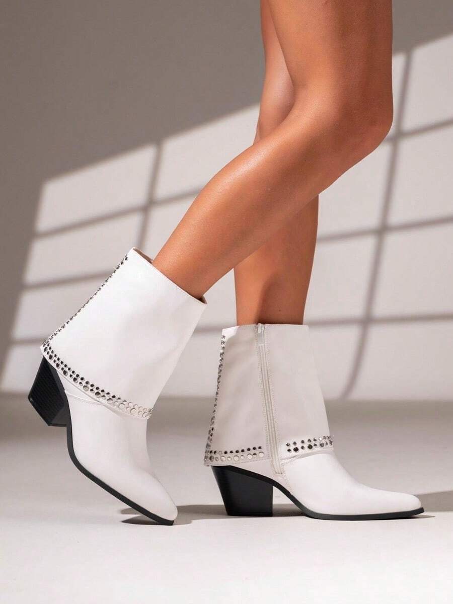 Women's Western-Style Ankle Boots With Metallic Studs – Pointed Toe And Block Heel Design For Bold Fall Looks - White - View 1