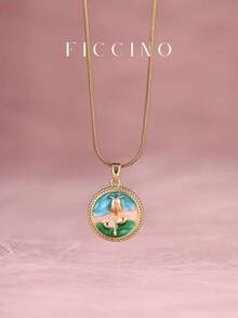 FICCINO 复古永生花多色圆形吊坠项链，镀金钛钢链可调节长度，波西米亚风格珠宝配礼盒 - 1564n - 查看 1