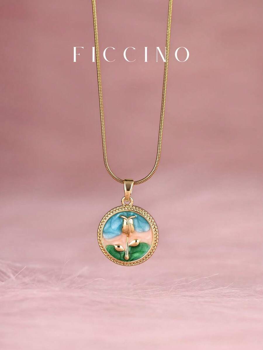 FICCINO 复古永生花多色圆形吊坠项链，镀金钛钢链可调节长度，波西米亚风格珠宝配礼盒 - 1564n - 查看 1