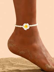 1 peça de tornozeleira feminina minimalista versátil estilo boêmio para férias na praia com contas de vidro e flor de margarida em argila de polímero
