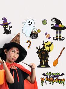 Halloween Cartoon Witch Castle Wall Stickers, PVC Waterproof Wall Decals For Room, Window, Wall Decoration Home Party Classroom Office Room Decor Personalised Stickers Halloween Decor Home Decor Fall Decor