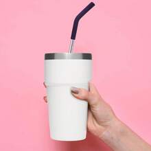 Local Delivery-Set Of 5 Stainless Steel Straws With Silicone Flex Tips Elbows Cover, 2 Cleaning Brushes And 1 Portable Bag Included (Silver)- 8mm Diameter - Silver - View 6