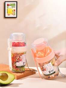 1pc Minimalist Salad Cup Plastic Portable Fruit & Vegetable Companion With Fork & Lid, Diet Smoothie Cup