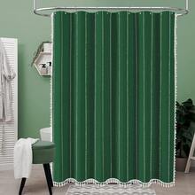 Extra Long Shower Curtain - 72x84 Long Boho Chic Striped Tassel Linen Fabric Shower Curtain Set With Hook, Tall Modern Farmhouse Cute Heavy Duty Cloth Shower Curtains For Bathroom - Emerald Green - 綠色 - 查看 2