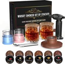 Kit de ahumador de whisky de lujo con soplete - Incluye 6 sabores de astillas de madera natural, 2 vasos premium y 2 moldes de hielo - Infusor de cócteles para Old Fashioned y Bourbon para hombres y padres - Multicolor - Ver 1