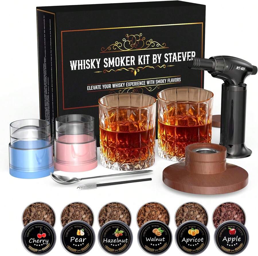 Kit de ahumador de whisky de lujo con soplete - Incluye 6 sabores de astillas de madera natural, 2 vasos premium y 2 moldes de hielo - Infusor de cócteles para Old Fashioned y Bourbon para hombres y padres - Multicolor - Ver 1