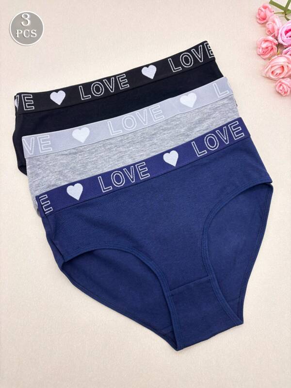 3 Packs Women's Lingerie Mid Waist Triangle Panties,Elegant Letter Print,Elastic Knitted Fabric,Multiple Colors Underpants