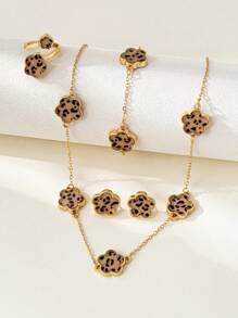 1 Set Fashionable & Elegant Metal 5 Leaf Clover Flower Bracelet, Necklace, Earrings, Ring, Bangle Jewelry Set, Versatile & Chic For Women