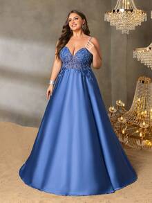 Faeriesty Curve Plus Luxurious Shimmering Bead Satin Prom Dress With Flowy Skirt - Perfect For Weddings, Red Carpet Events, And Luxury Dinners - Dusty Blue - View 7