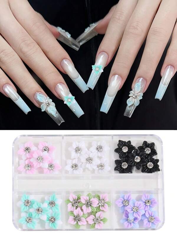 30 Pieces/Box Of Nail Accessories, Resin Carved Lily Flowers, 6-Grid Box, Mixed 3D Nail Accessories, DIY Nail Products