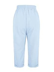 Plus Size Women's Solid Color Drawstring Elastic Waist Pleated Effect Fabric Blue Straight Leg Capri Pants, Versatile For Spring/Summer, Suitable For Vacation, Daily Wear And Home - Blue - View 4