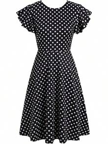 Women's Semi-Formal Ruffle Sleeve V-Back Work Fit And Flare Cocktail Knee Length Dress With Pockets, 2025 Style - 黑點 - 查看 3