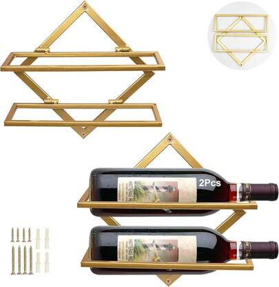AUHOKY 2Pcs Metal Wall Mounted Wine Holder Stemware Glass Rack, Upgrade Collapsible Hanging Red Wine Racks Organizer With 3 Stem Glass Holders, Wine Bottle Display Hanger For Home Kitchen Bar Decor…