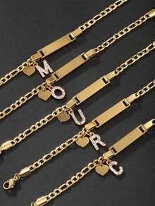 Personalized Custom Engraved Name Bar Bracelet Gold Figaro Chain With Heart & Rhinestone Initial Letter Charms Custom Text Adjustable Wristband Jewelr - Gold - View 4