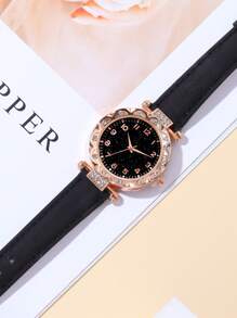 7pc Versatile Black Starry Sky Literal Quartz Digital Watch, Paired With Lucky Flower Necklace, Bracelet, Ring, Earrings And Jewelry Accessories Set, Is A Valentine's Day And Easter Gift For Women.