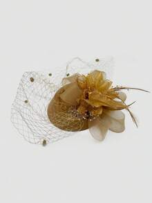 1頂摺疊帽，茶會帽，網眼花朵羽毛髮夾式女士Fascinator頭飾帶面紗，適用於婚禮酒會蝴蝶結